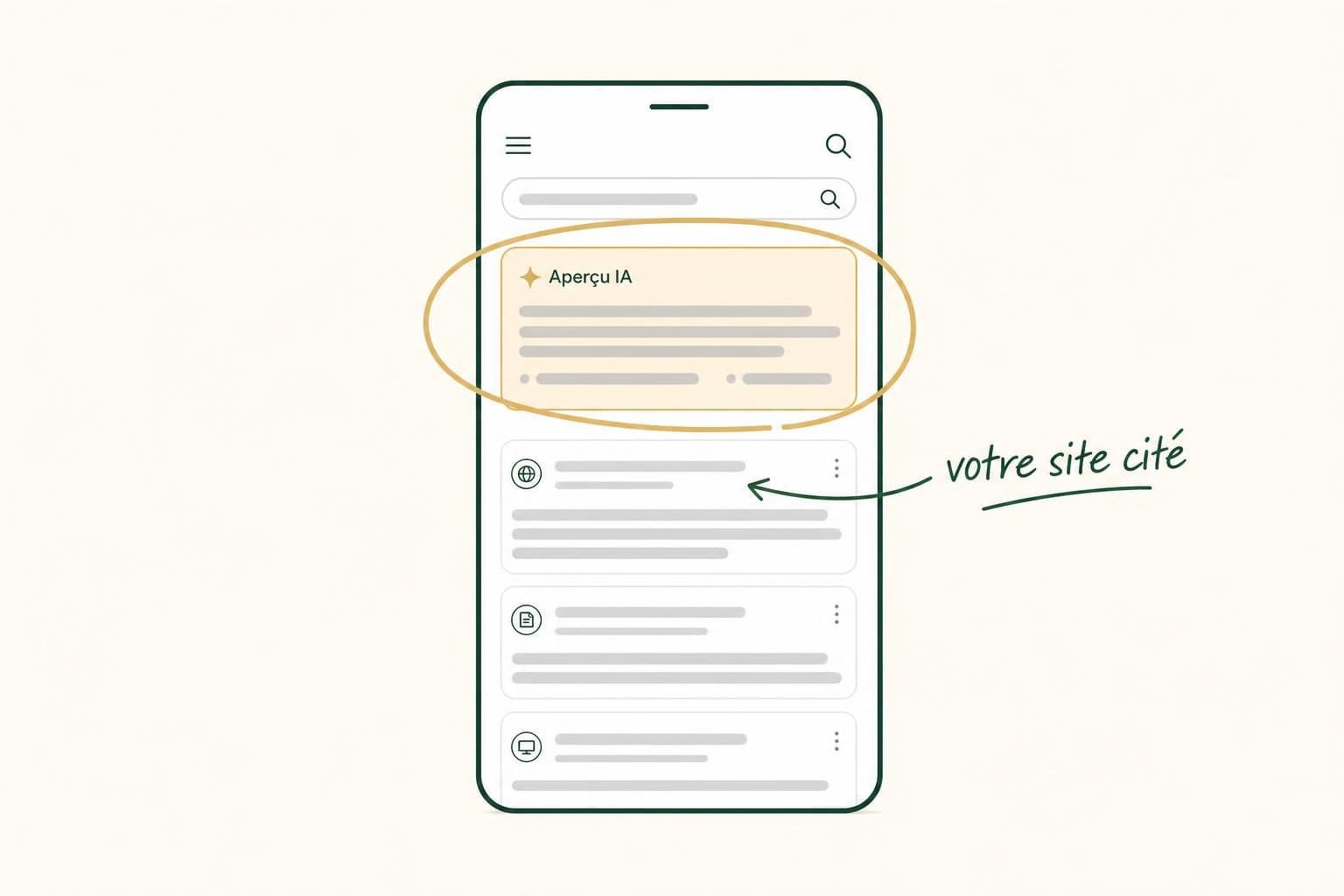 Capture schématique d’un écran de smartphone présentant une interface de recherche.