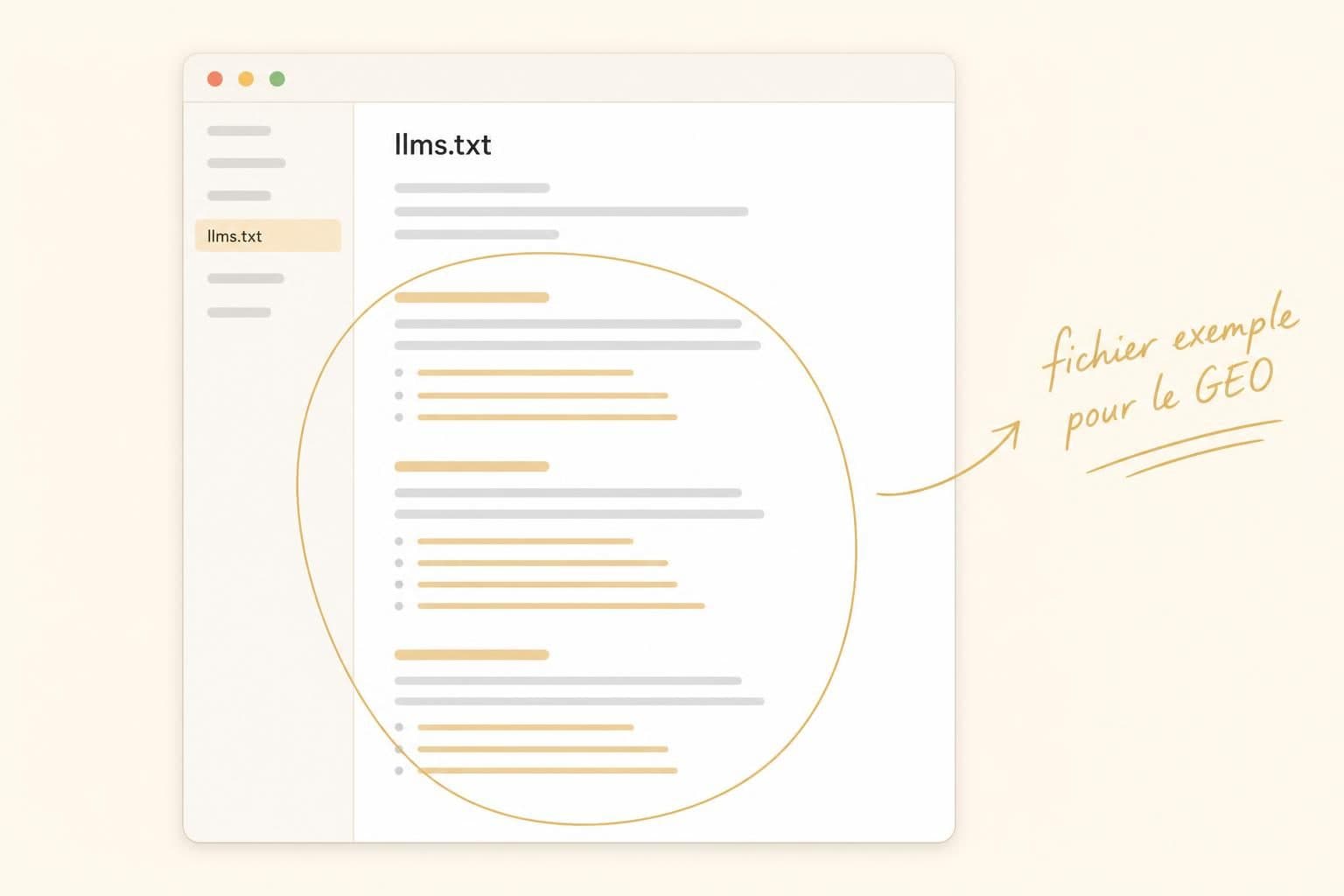 Illustration d’une fenêtre de document stylisée intitulée « llms.txt », avec des lignes de contenu simulées.
